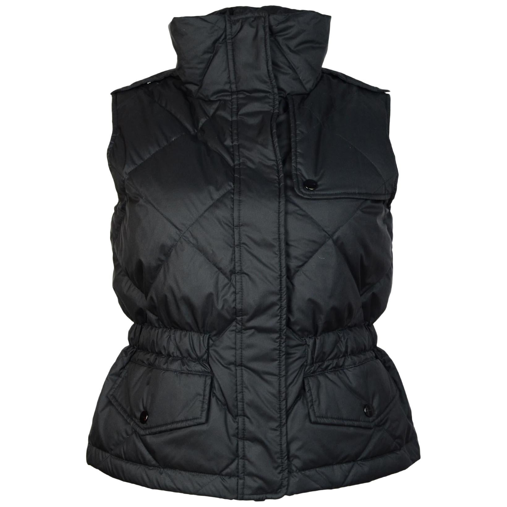 Burberry Black Quilted Zip Up Vest W/ Grey/White/Black Tartan Lining Sz S