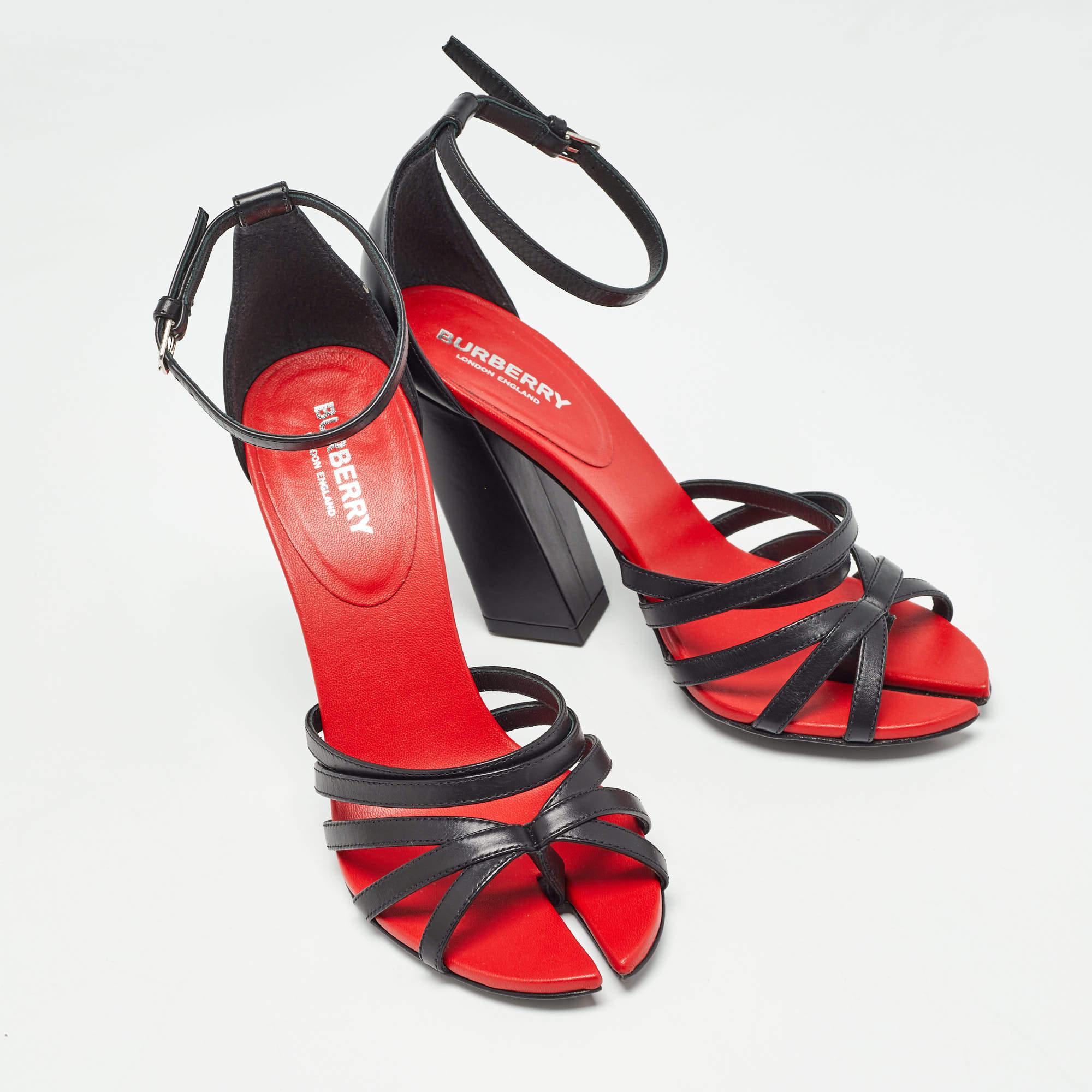 Burberry Schwarz/Rote Leder Hove Heel-Sandalen mit Knöchelriemen Größe 36 Damen im Angebot