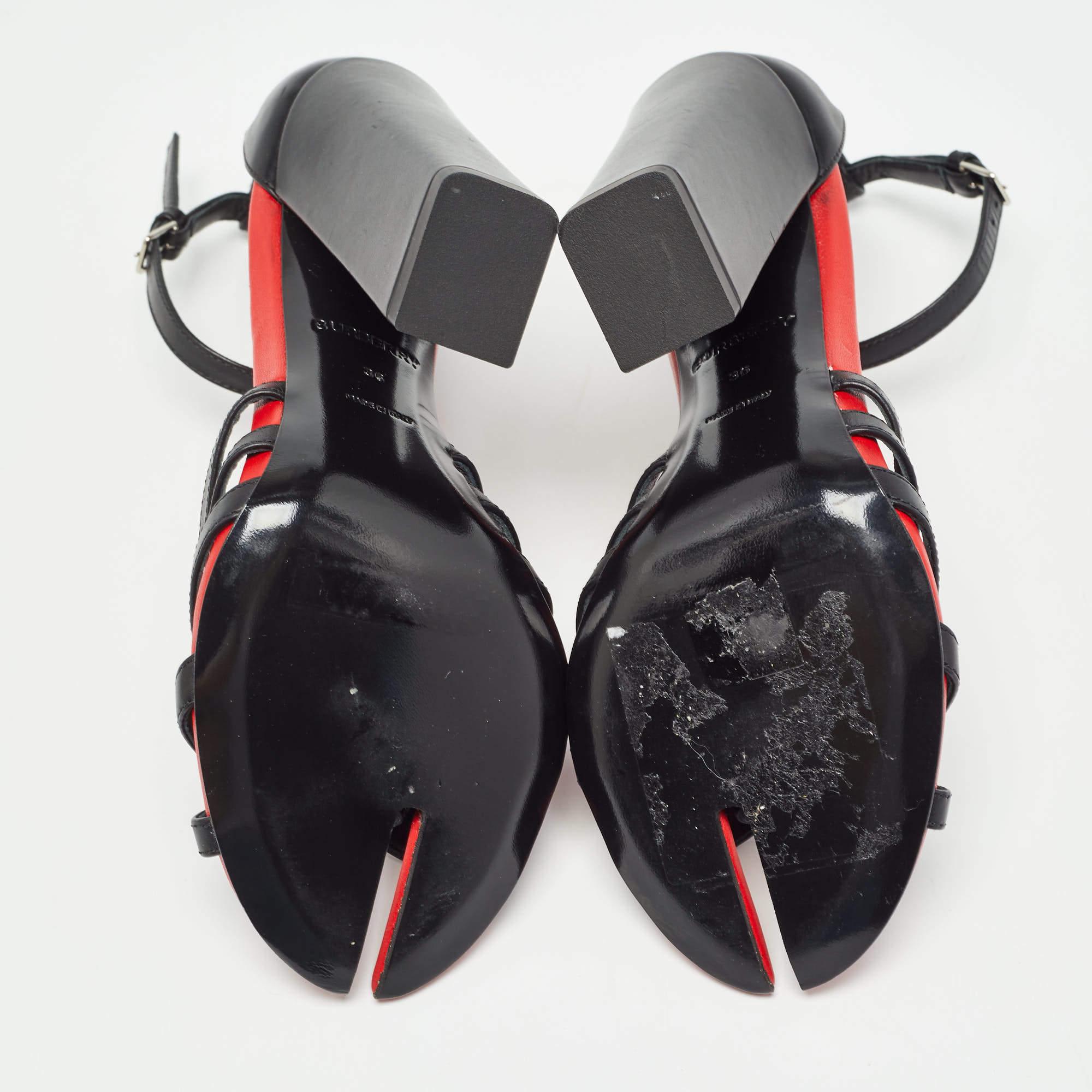 Burberry Schwarz/Rote Leder Hove Heel-Sandalen mit Knöchelriemen Größe 36 im Angebot 2