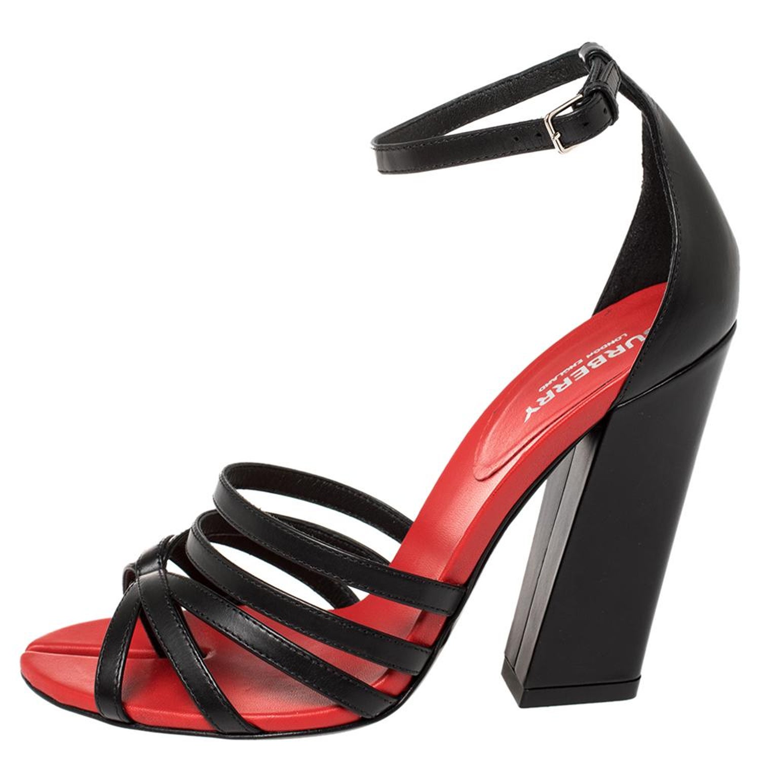 Burberry Black/Red Leather Hove Heel Ankle Strap Sandals Size 37 For Sale  at 1stDibs