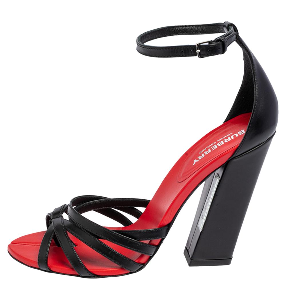 Burberry Black/Red Leather Hove Heel Ankle Strap Sandals Size 38 For Sale