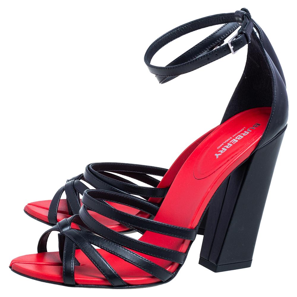 Burberry Black/Red Leather Hove Heel Ankle Strap Sandals Size 39 For Sale 1