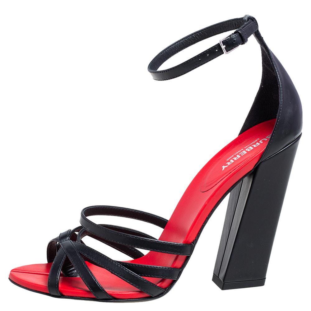 Burberry Black/Red Leather Hove Heel Ankle Strap Sandals Size 39 For Sale 4