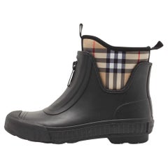 Burberry Black Rubber and Vintage Check Neoprene Rain Boots Size 37