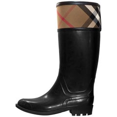 Burberry Black Rubber Crosshill Housecheck Rain Boots Sz 39