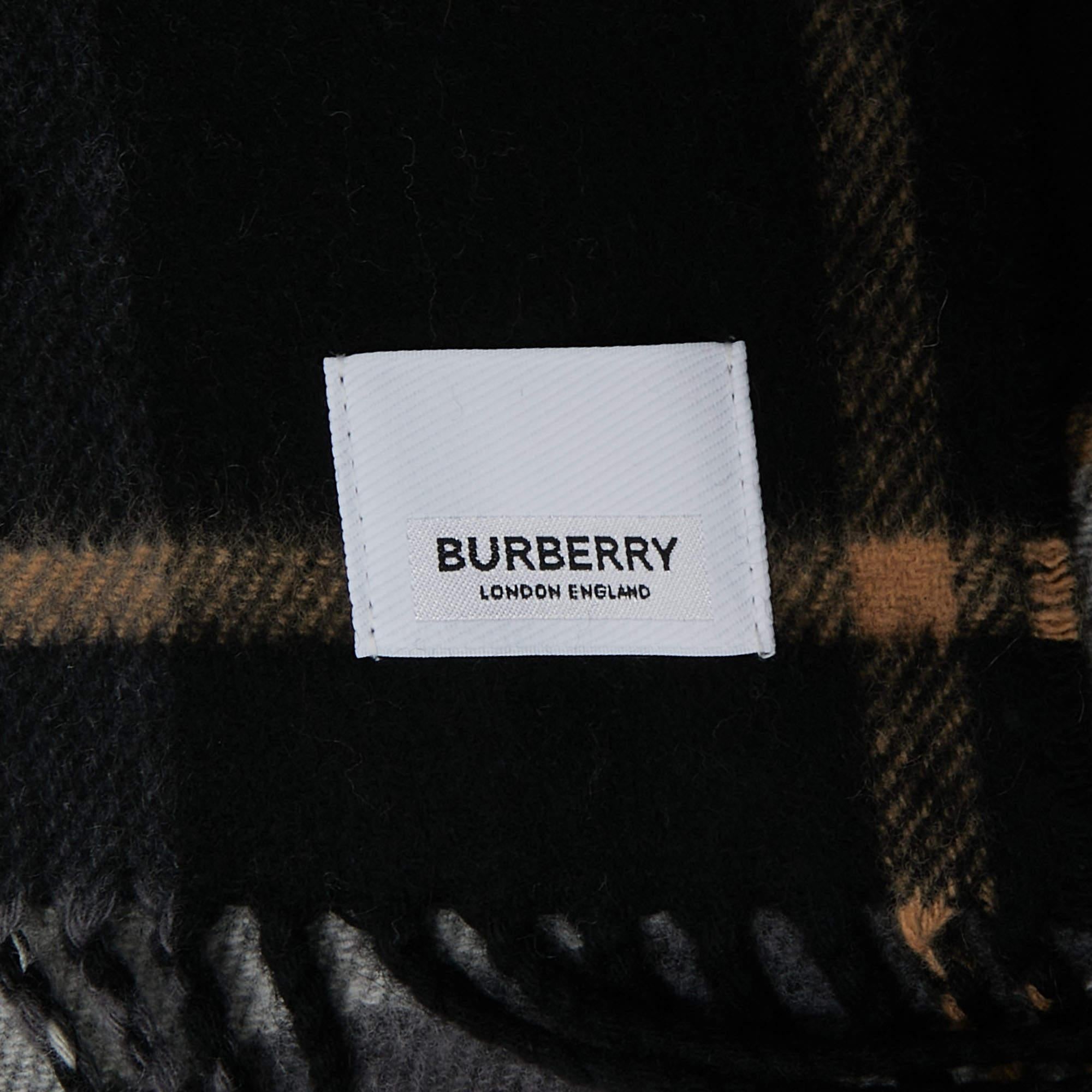 Men's Burberry Black Saddle Stripe To Check Cashmere Fringed Scarf
