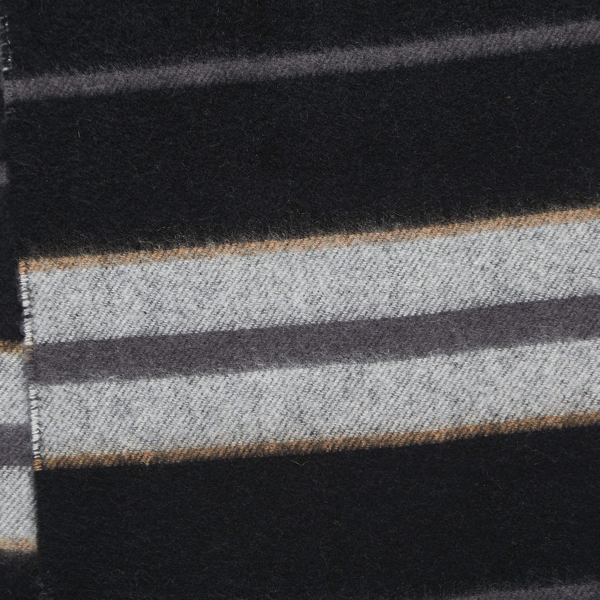 Burberry Black Saddle Stripe To Check Cashmere Fringed Scarf 1