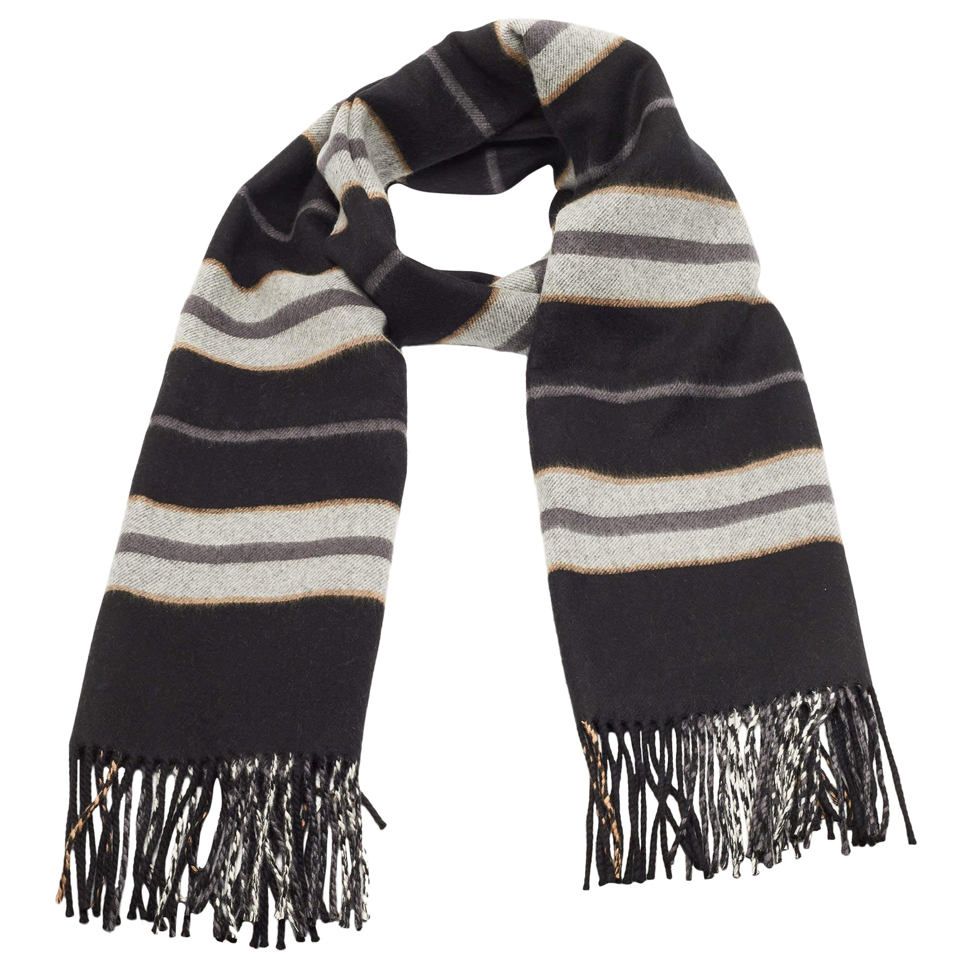 Burberry Black Saddle Stripe To Check Cashmere Fringed Scarf