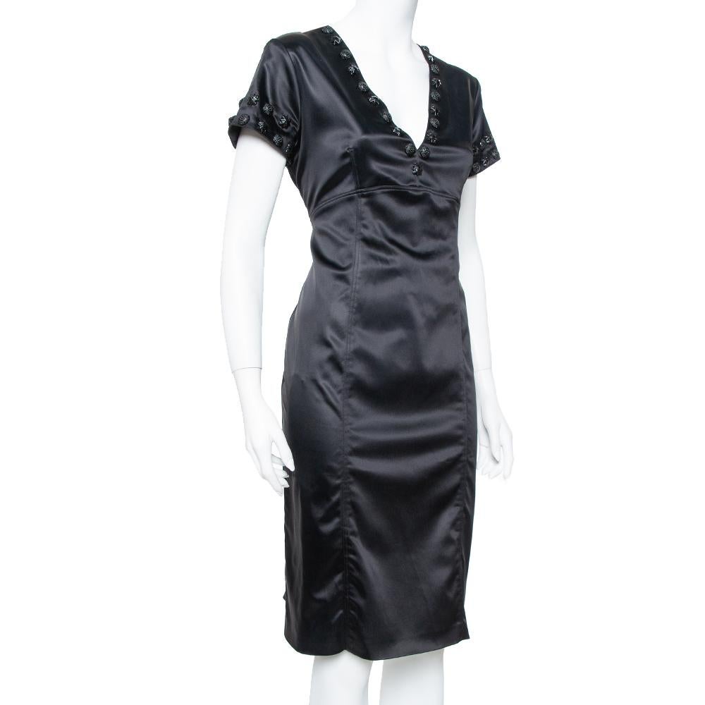 Burberry Black Satin Embellished Paneled Short Dress M In Good Condition In Dubai, Al Qouz 2
