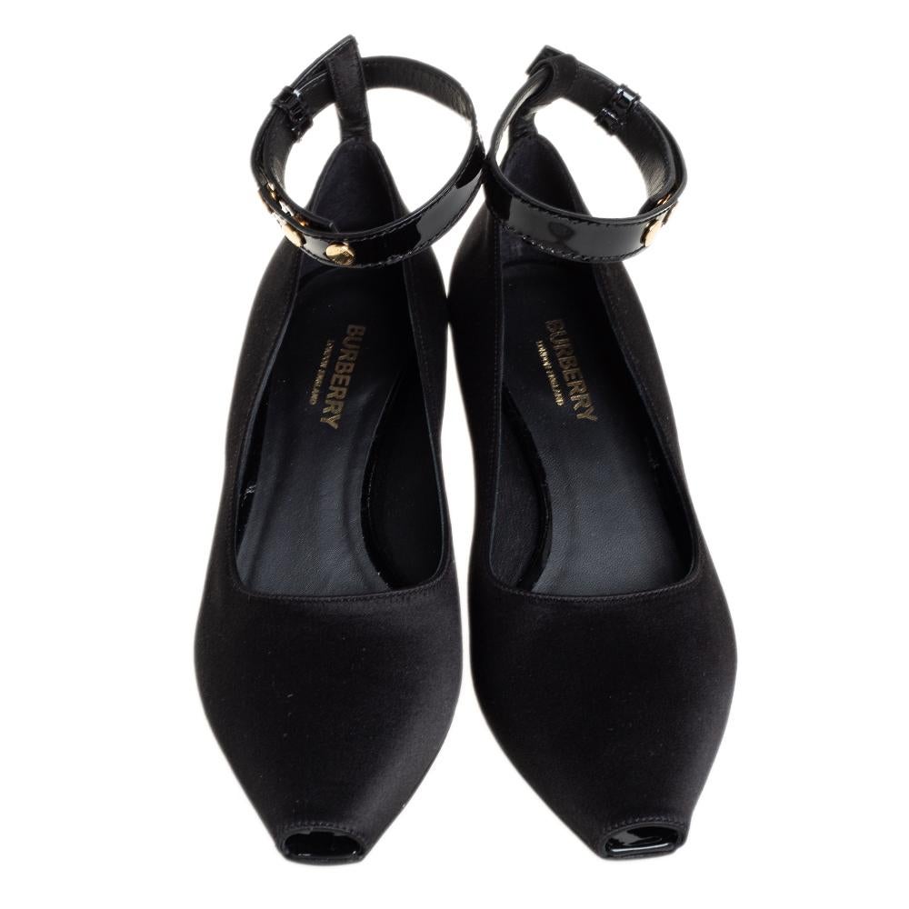 Burberry Black Satin  Kitten Heel Peep Toe Ankle Strap Pumps Size 36.5 1