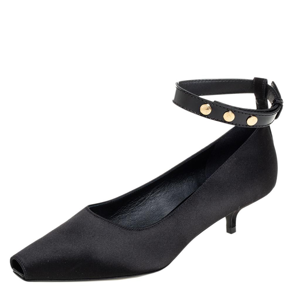 Burberry Black Satin  Kitten Heel Peep Toe Ankle Strap Pumps Size 36.5