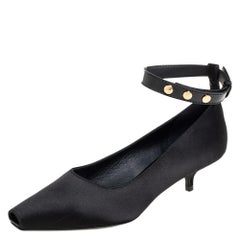 Burberry Black Satin  Kitten Heel Peep Toe Ankle Strap Pumps Size 36.5