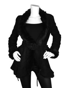 Burberry Black Shearling Belted Coat W/ Fur Trim Sz 4