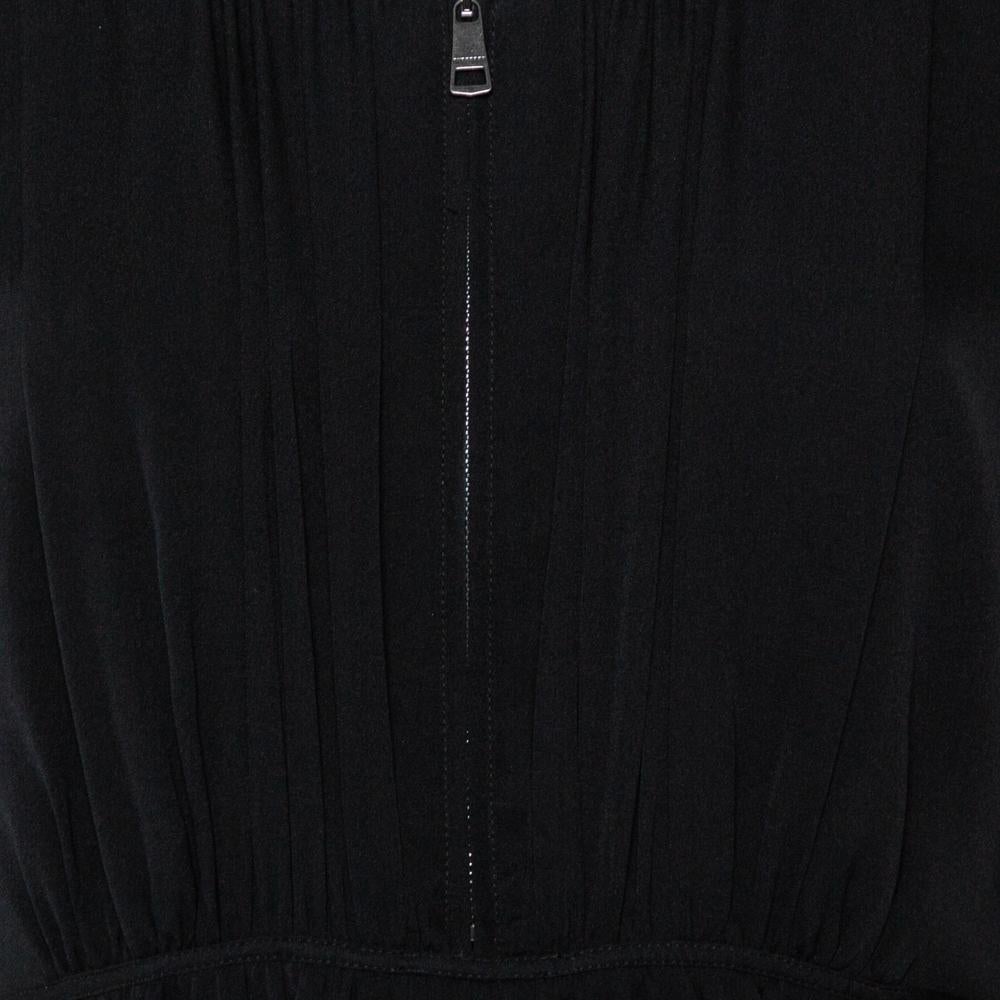 Burberry Black Silk Gathered Detail Zip Front Top M 1