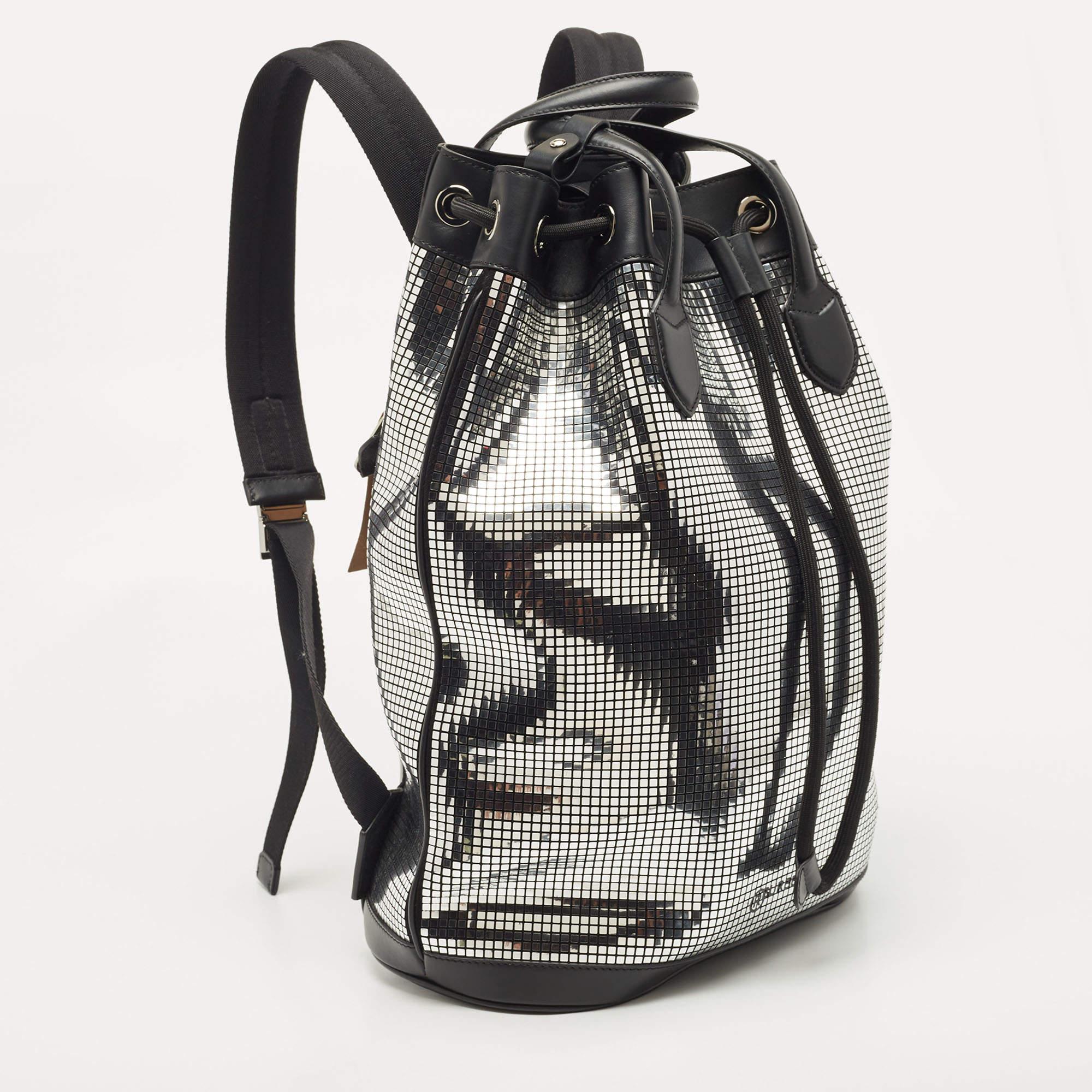 Burberry Black/Silver Mirror Effect and Suede Drawstring Backpack In New Condition In Dubai, Al Qouz 2