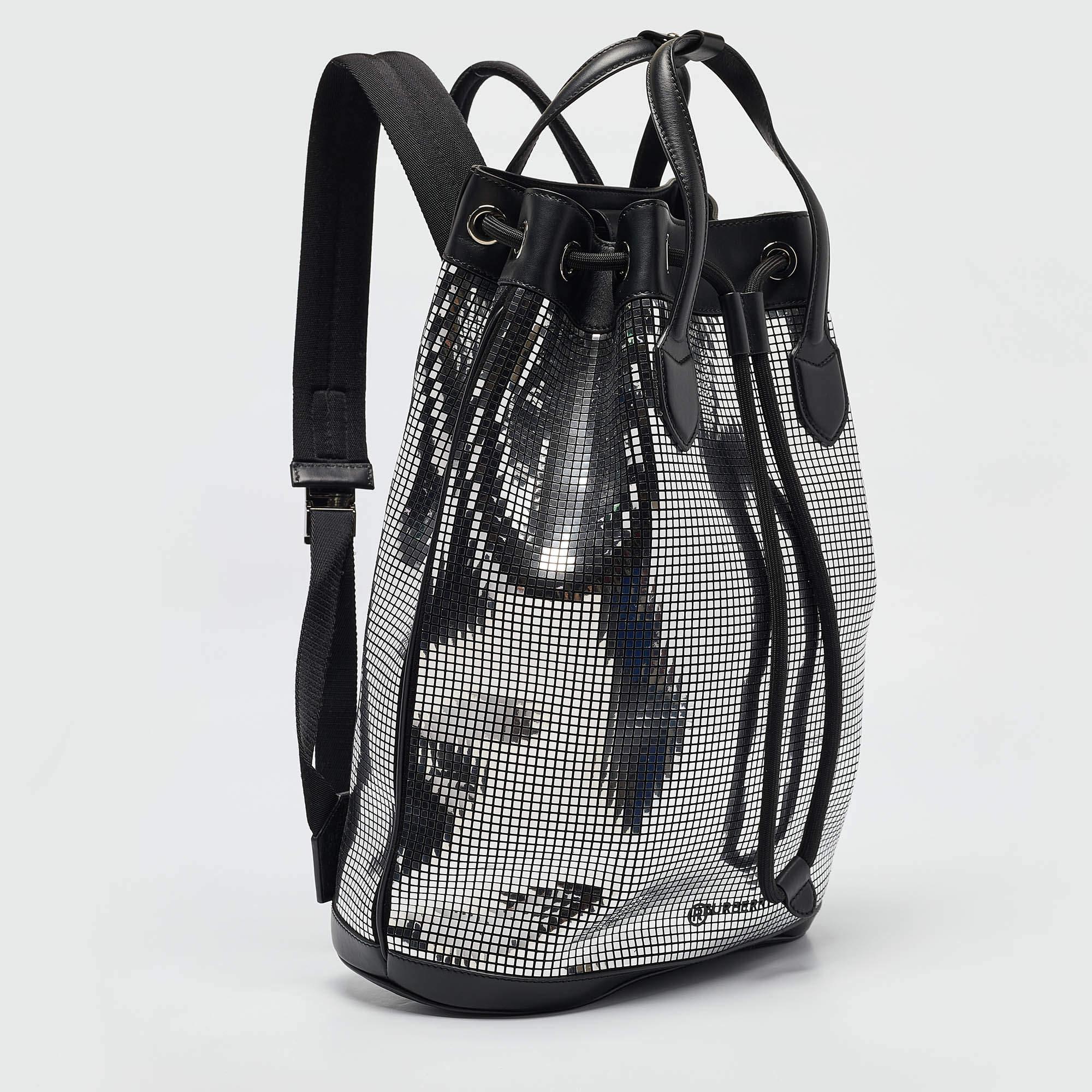 Burberry Black/Silver Mirror Effect Suede and Leather Backpack In Excellent Condition For Sale In Dubai, Al Qouz 2