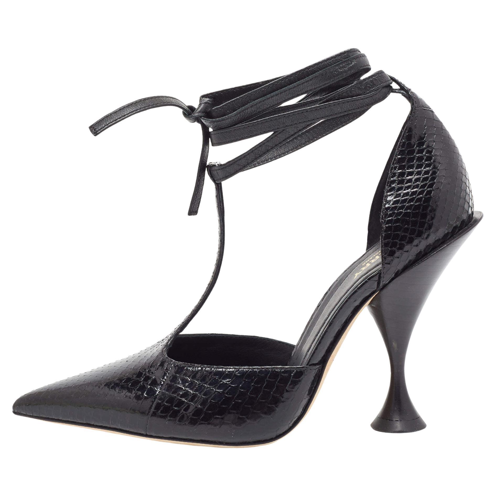Burberry Black Snakeskin Leather Welton T Strap Ankle Wrap Pumps Size 37.5 For Sale