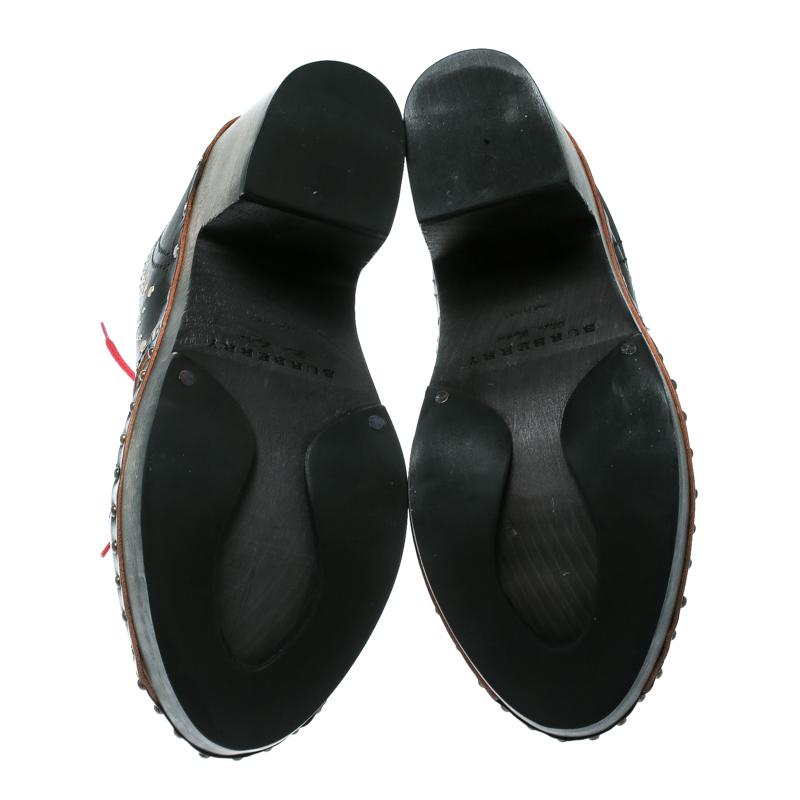 Women's Burberry Black Studded Leather Antrim Fringe Detail Block Heel Clog Ankle Boots 