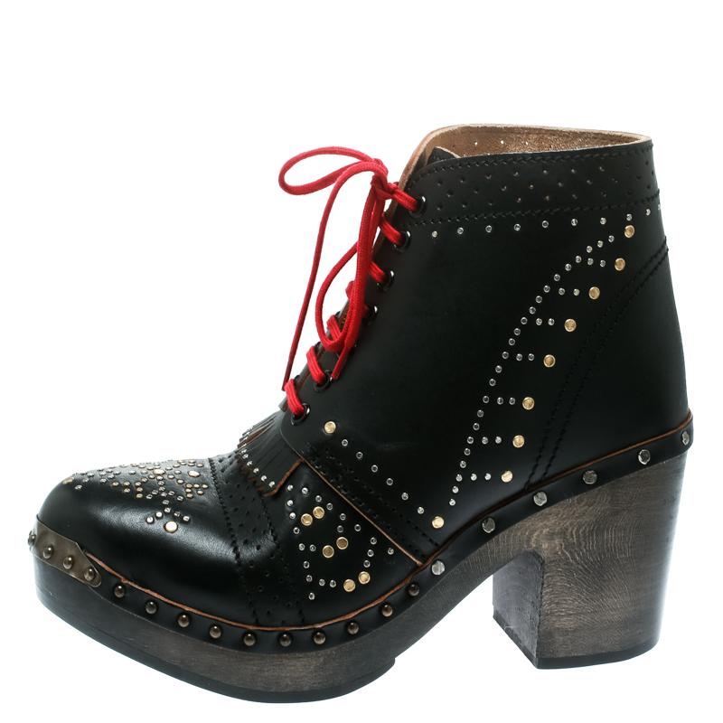 Burberry Black Studded Leather Antrim Fringe Detail Block Heel Clog Ankle Boots  1