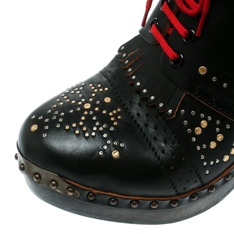 Burberry Black Studded Leather Antrim Fringe Detail Block Heel Clog Ankle Boots  2