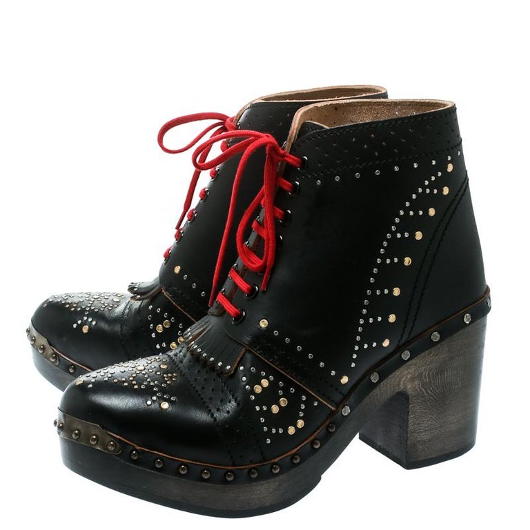 Burberry Black Studded Leather Antrim Fringe Detail Block Heel Clog