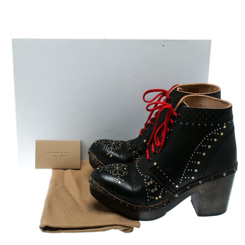 Burberry Black Studded Leather Antrim Fringe Detail Block Heel Clog Ankle Boots  4