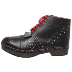 Burberry Black Studded Leather Antrim Fringe Detail Clog Ankle Boots Size 45