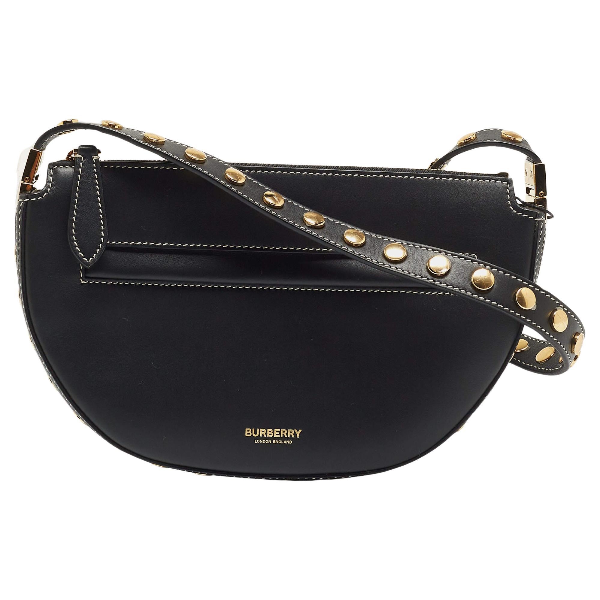 Burberry Black Studded Leather Mini Olympia Zip Shoulder Bag For Sale