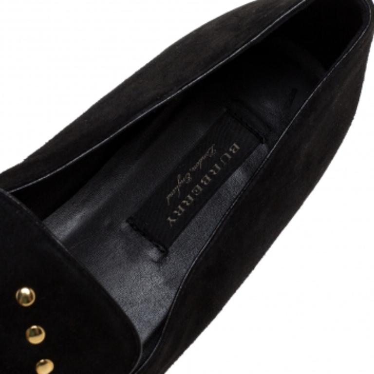 Women's Burberry Black Suede Eyelet Detail Hoadley Tapestry Smoking Slippers Size 39 For Sale