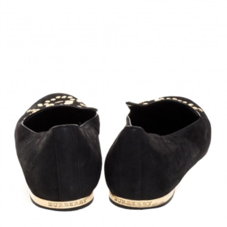 Burberry Black Suede Eyelet Detail Hoadley Tapestry Smoking Slippers Size 39 For Sale 2