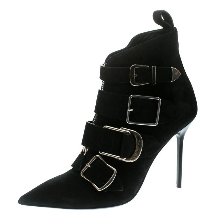 Burberry Black Suede Milner Buckle Detail Pointed Toe Ankle Boots Size ...
