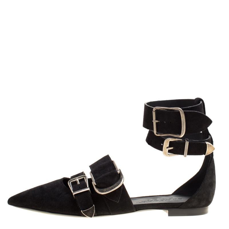 Exuding a contemporary vibe, these flats from Burberry come made from suede and designed as pointed toes with multiple buckle straps on the vamps and around the ankles. Be sure to try them with midi skirts or culottes.

Includes: Original Dustbag,