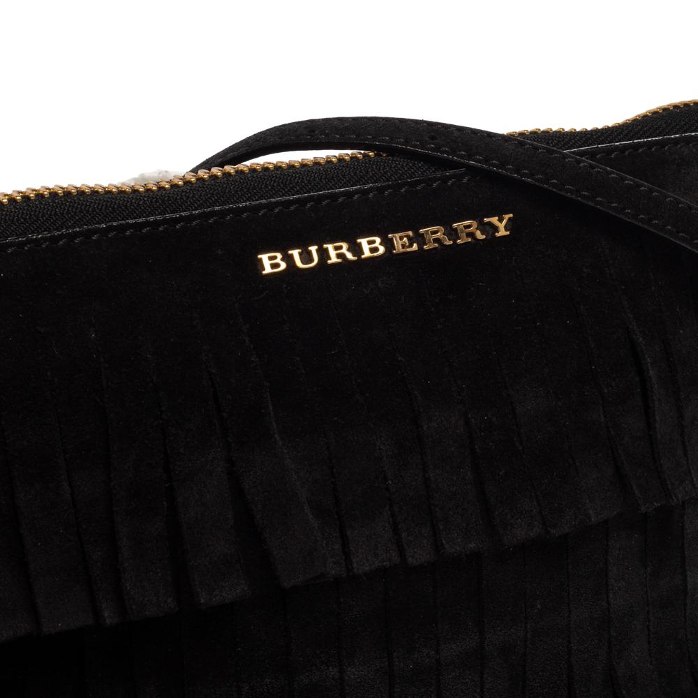 Women's Burberry Black Suede Peyton Fringe Crossbody Bag