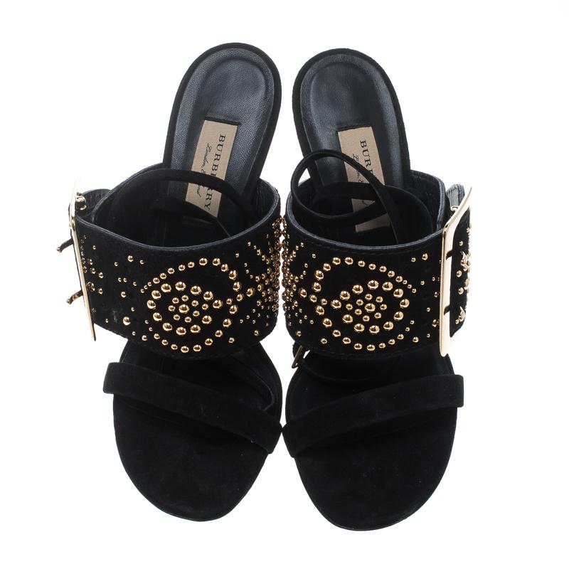 Burberry Black Suede Stud Embellished Padstow Ankle Wrap Sandals Size 39 In New Condition In Dubai, Al Qouz 2