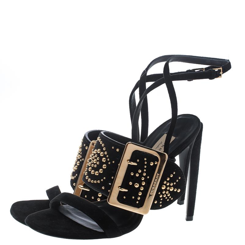 Burberry Black Suede Stud Embellished Padstow Ankle Wrap Sandals Size 39 1