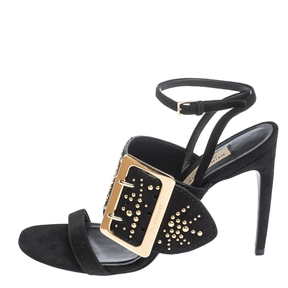 Burberry Black Suede Stud Embellished Padstow Ankle Wrap Sandals Size 40 1