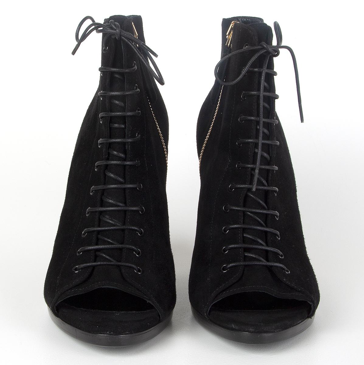 100% authentic Burberry 'Virginia' lace-up booties in black suede with demi wedge heel. Brand new. 

Measurements
Imprinted Size	39
Shoe Size	39
Inside Sole	25cm (9.8in)
Width	7.5cm (2.9in)
Heel	10.5cm (4.1in)
Hardware	Gold-Tone

All our listings