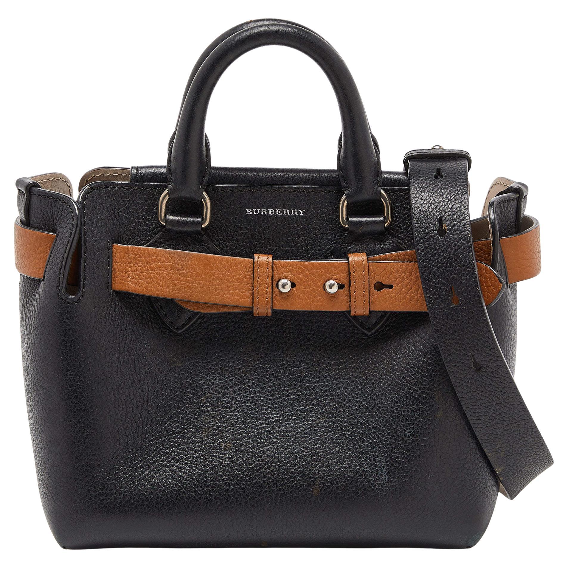 Burberry Black/Tan Leather Baby Marais Belt Tote For Sale