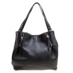 Burberry Black Textured Leather and Nova Check Canvas Zip Detail Tote