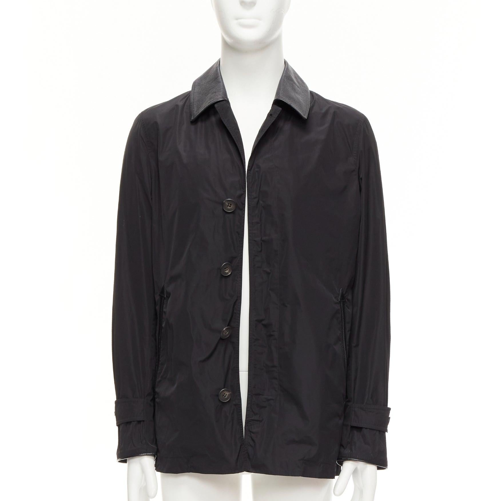 BURBERRY black textured leather trim nylon single breast trench coat IT48 M In Good Condition For Sale In Hong Kong, NT