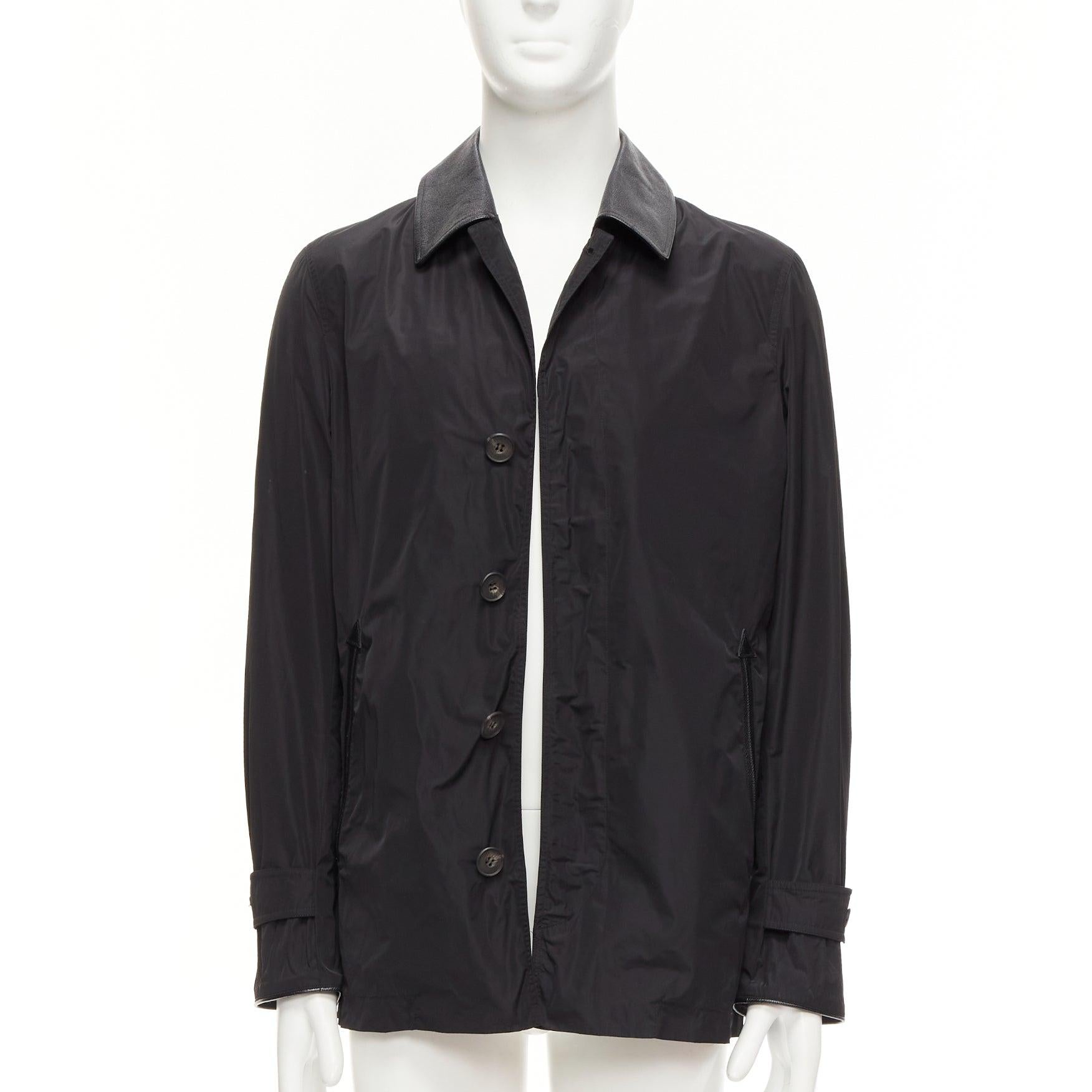 Nero Burberry trench monopetto in nylon nero testurizzato con finiture in pelle IT48 M in vendita