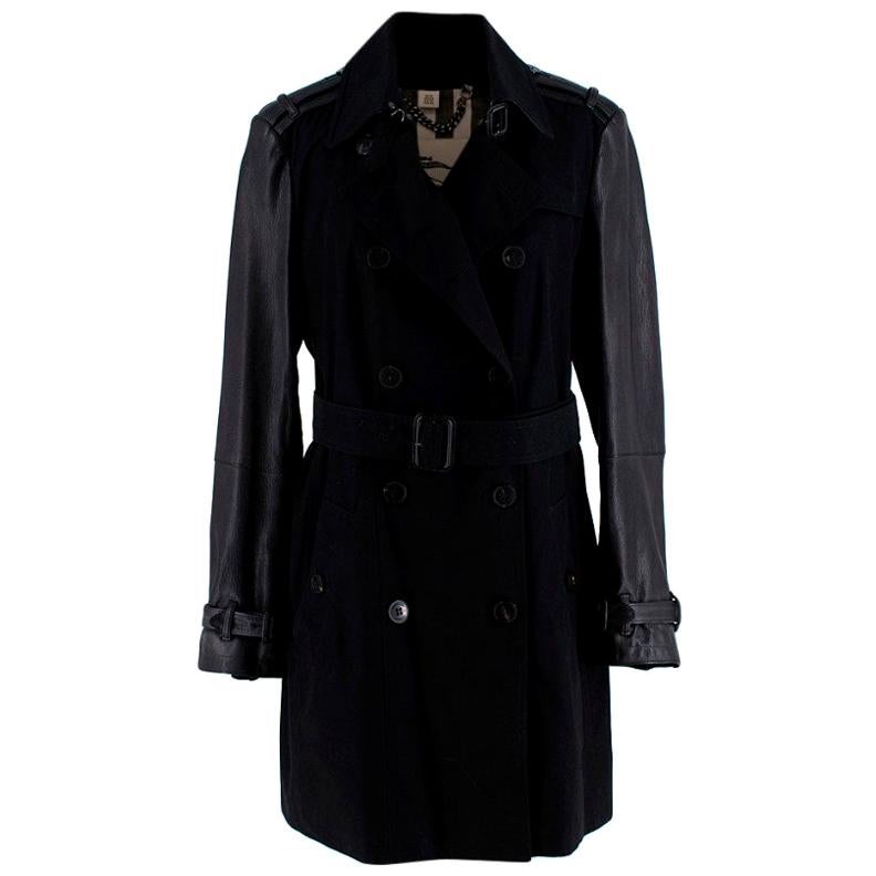 Burberry Black Trench Coat with Leather Detail US14