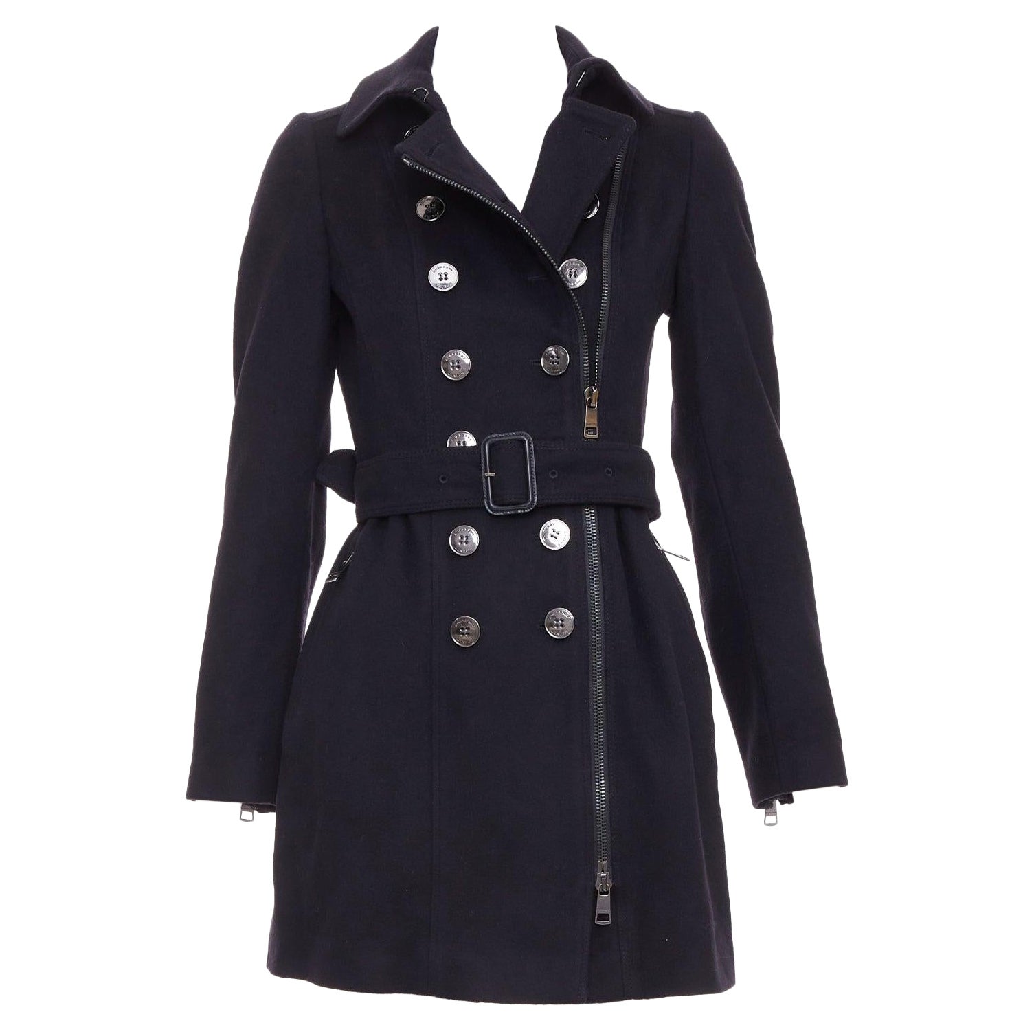 Burberry trench noir en laine vierge et cachemire avec fermeture éclair asymétrique et ceinture UK4 XXS