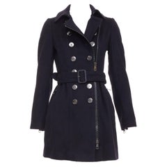 BURBERRY gabardina negra lana virgen cachemira cremallera asimétrica con cinturón UK4 XXS