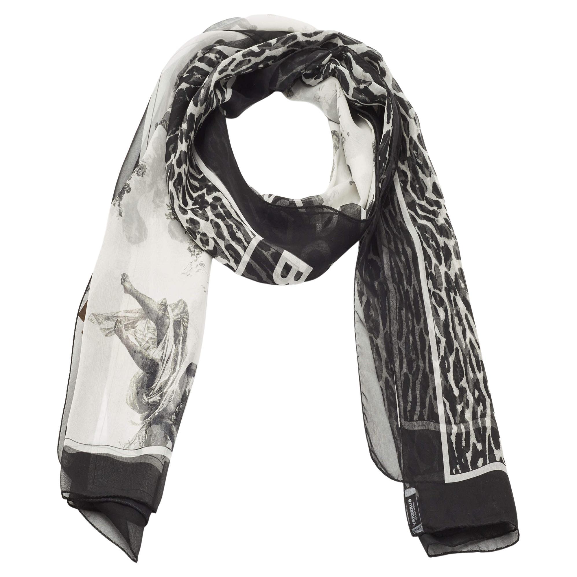 Burberry Black/White Angel Leopard Print Silk Chiffon Scarf