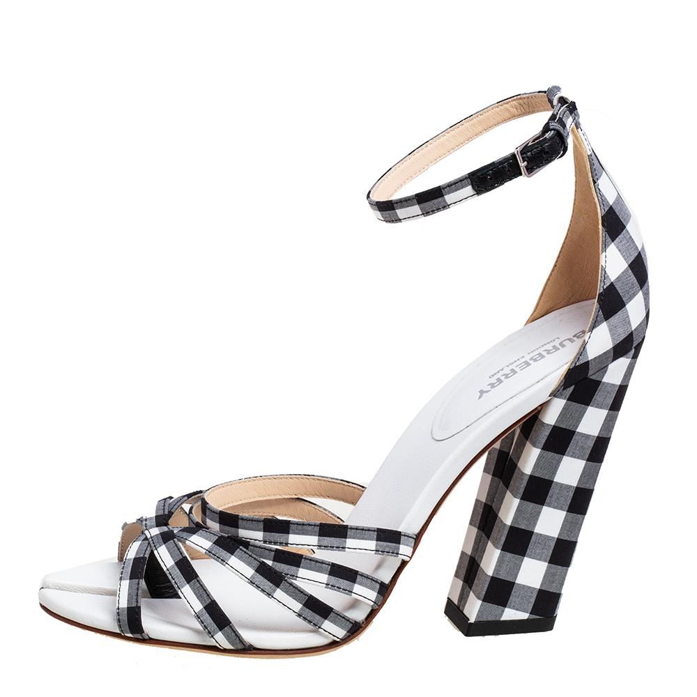 Burberry Black/White Checkered Fabric Hove Heel Ankle Strap Sandals Size 39 For Sale