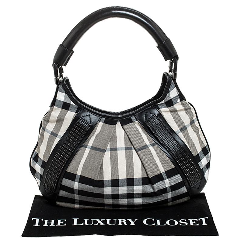 Burberry Black/White Studded House Check Canvas and Leather Phoebe Hobo 5
