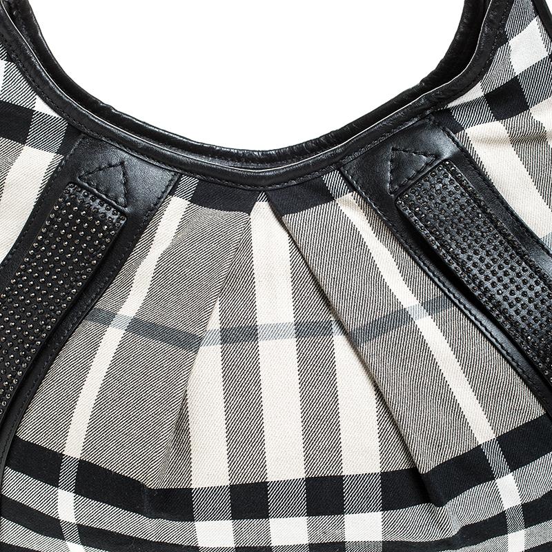 Burberry Black/White Studded House Check Canvas and Leather Phoebe Hobo 3