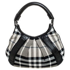 Burberry Black/White Studded House Check Canvas and Leather Phoebe Hobo