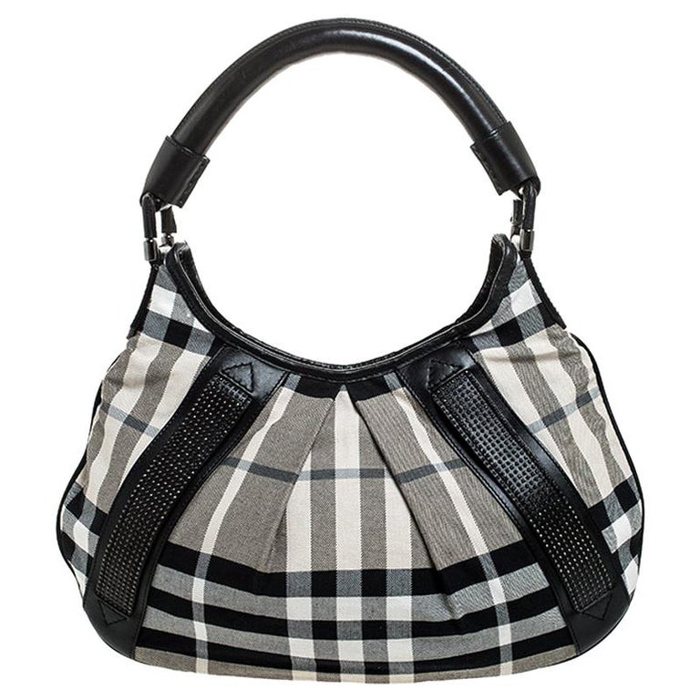 Burberry Black/White Studded House Check Canvas and Leather Phoebe Hobo ...